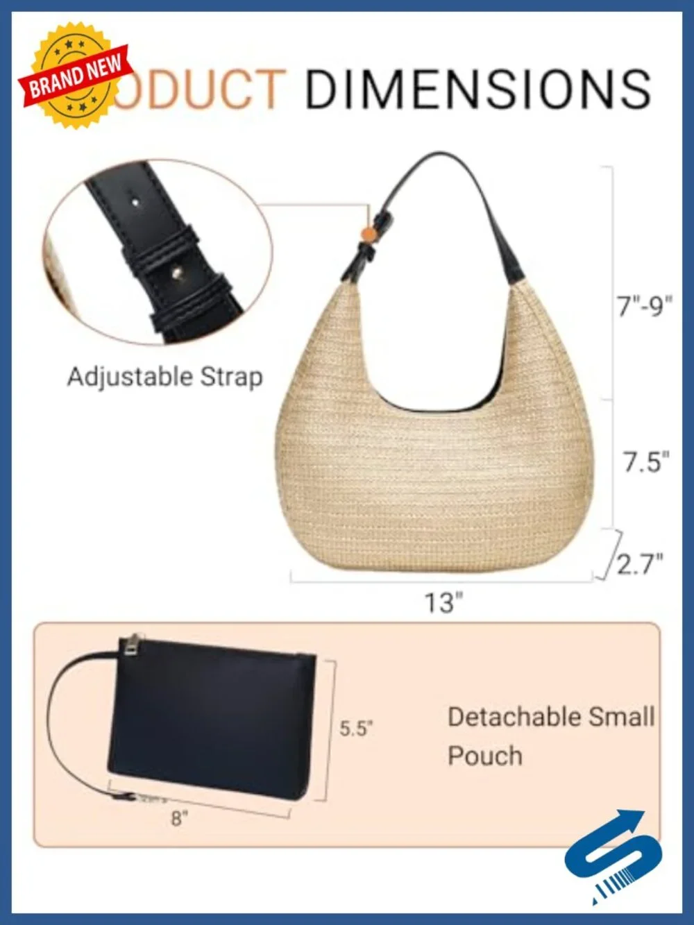 Handwoven Straw Hobo Tote with Pouch, Adjustable Strap